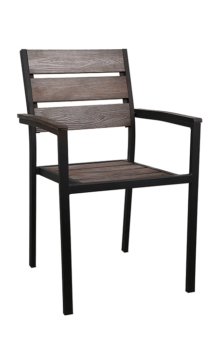 Black Steel Armchair with Imitation Teak Slat (textured) Back & Seat in Brown