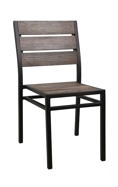 Black Steel Side Chair with Imitation Teak Slat (textured) Back & Seat in Brown