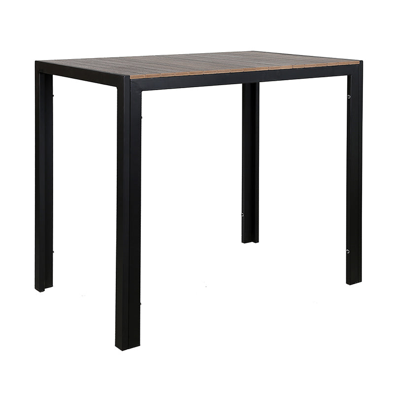 30"x48" Indoor/ Outdoor Black Steel Bar-Height Table with Dark Brown Imitation Teak Slat Top