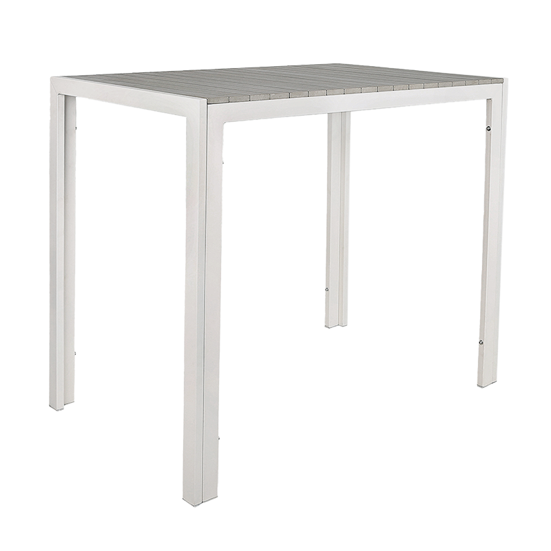 30"x48" Indoor/ Outdoor White Steel Bar-Height Table with Light Grey Imitation Teak Slat Top