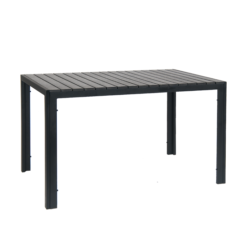 Indoor/ Outdoor Black Steel Table with1.5" Umbrella Hole, Black Imitation Teak Slat Top