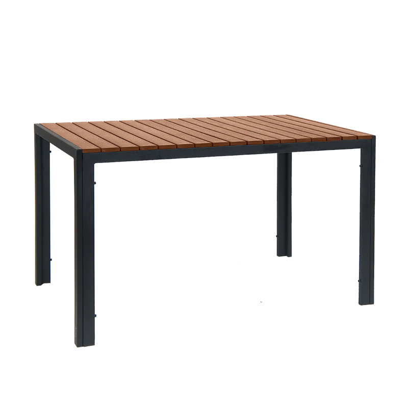 Indoor/Outdoor Black Steel Table with 1.5" Umbrella Hole, Natural Imitation Teak Slat Top