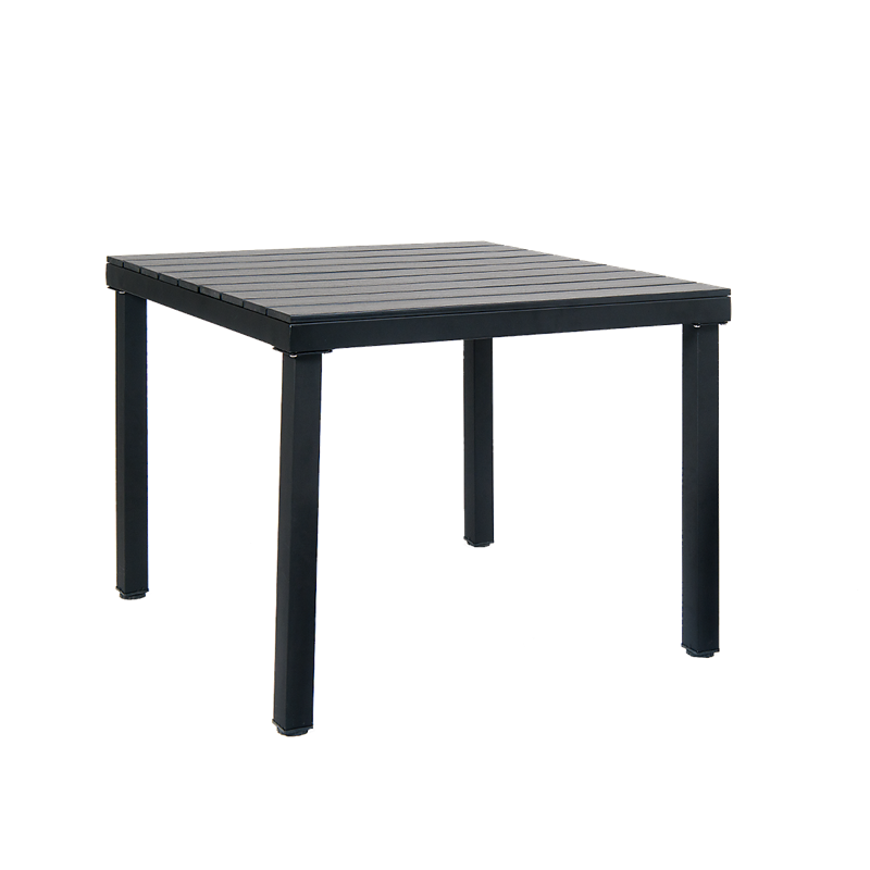 Indoor/ Outdoor Black Steel Table with 1.5" Umbrella Hole, Black Imitation Teak Slat Top