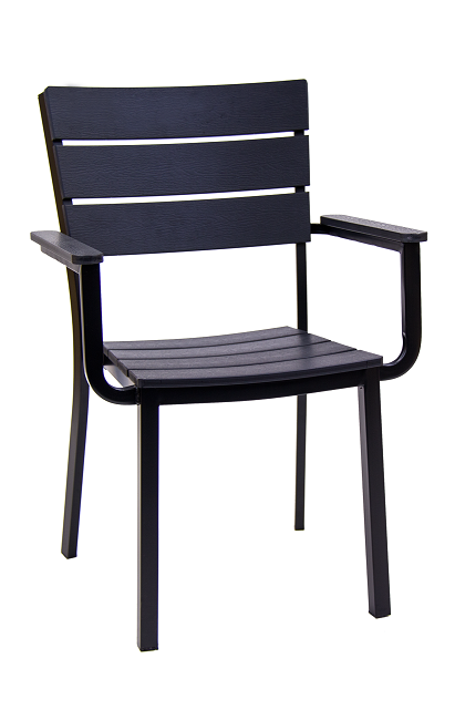 Outdoor Metal Chair with Black Imitation Teak Slat Back & Seat