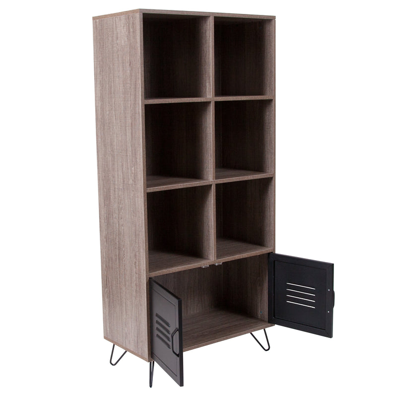 Woodridge Collection 59.25"H 6 Cube Storage Organizer Bookcase with Metal Cabinet Doors and Metal Legs in Rustic Wood Grain Finish
