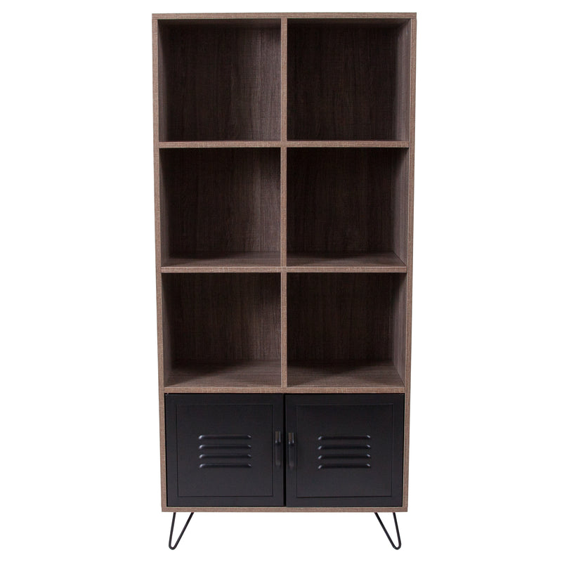 Woodridge Collection 59.25"H 6 Cube Storage Organizer Bookcase with Metal Cabinet Doors and Metal Legs in Rustic Wood Grain Finish