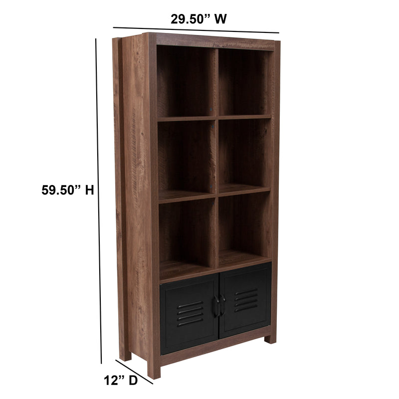 New Lancaster Collection 59.5"H 6 Cube Storage Organizer Bookcase with Metal Cabinet Doors in Crosscut Oak Wood Grain Finish