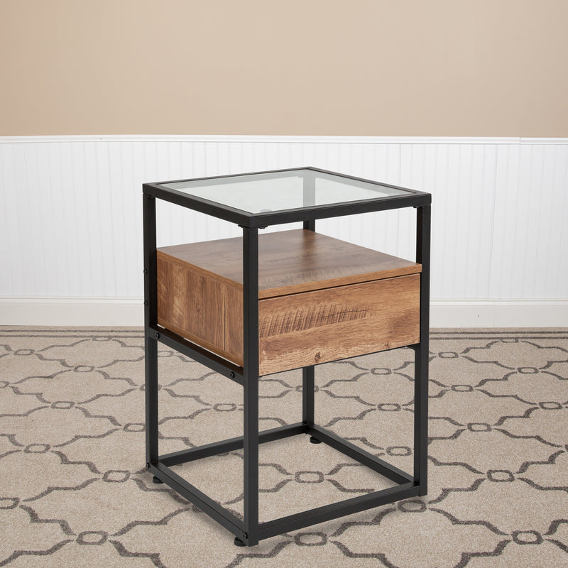 Cumberland Collection Glass End Table with Drawer and Shelf in Rustic Wood Grain Finish