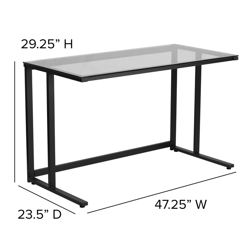 Singleton Glass Desk with Black Pedestal Metal Frame