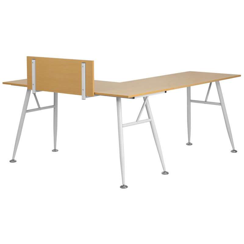 Beech Laminate L-Shape Computer Desk with White Metal Frame