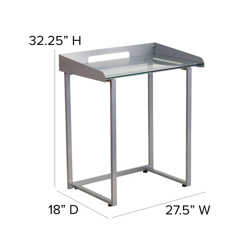 Jayden Contemporary Clear Tempered Glass Desk with Raised Cable Management Border and Silver Metal Frame