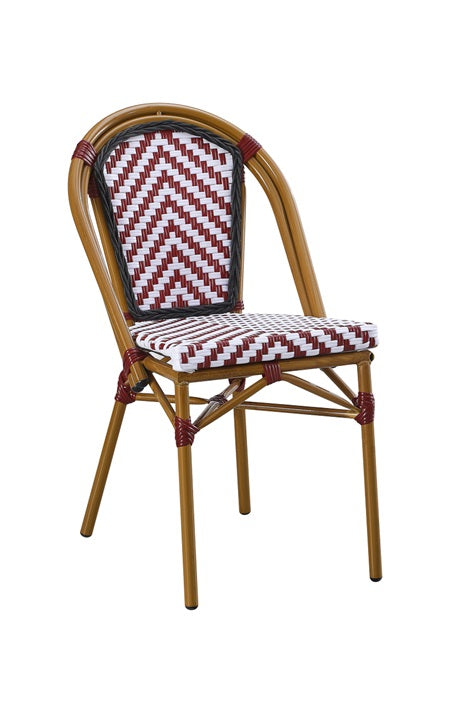 Metal Chair with Bamboo-Style Frame and Burgundy and White Chevron Poly Woven Seat & Back, Outdoor Use