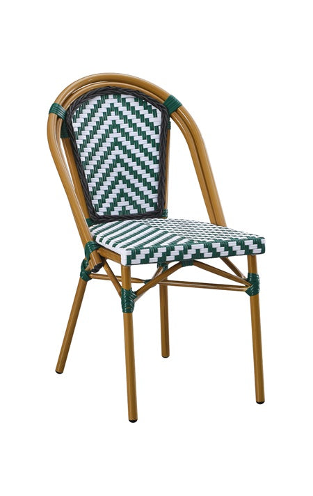 Metal Chair with Bamboo-Style Frame and Emerald Green and White Chevron Poly Woven Seat & Back, Outdoor Use