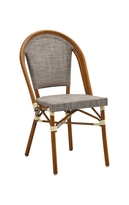 Warm Caramel Metal Chair with Earth-Tone Poly Woven Seat & Back, Outdoor Use