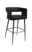 Open-Back Wood Grain Metal Framed Barstool with Black Vinyl Seat and Back.