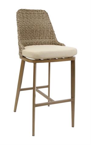 Outdoor Aluminum Barstool In Wood Grain Finish with Wicker Woven Back & Ivory Cushioned Seat