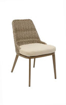 Outdoor Aluminum Chair In Wood Grain Finish with Wicker Woven Back & Ivory Cushioned Seat