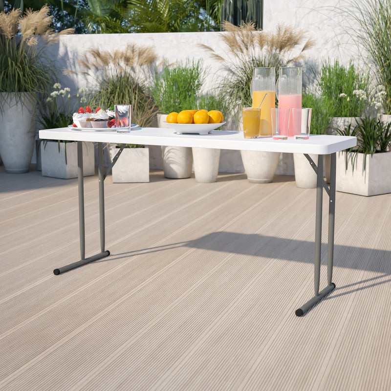 Kathryn 5-Foot Plastic Folding Training Table Set with 2 Gray Metal Folding Chairs