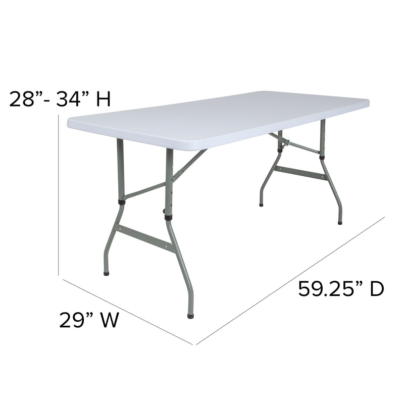 Kathryn 5-Foot Height Adjustable Bi-Fold Granite White Plastic Banquet and Event Folding Table with Carrying Handle