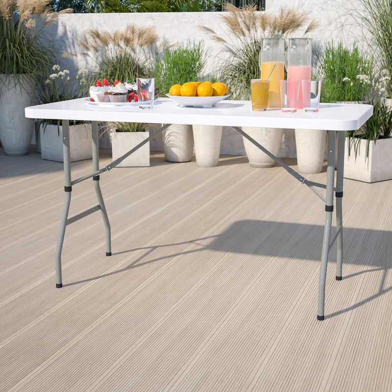 Kathryn 5-Foot Height Adjustable Bi-Fold Granite White Plastic Banquet and Event Folding Table with Carrying Handle