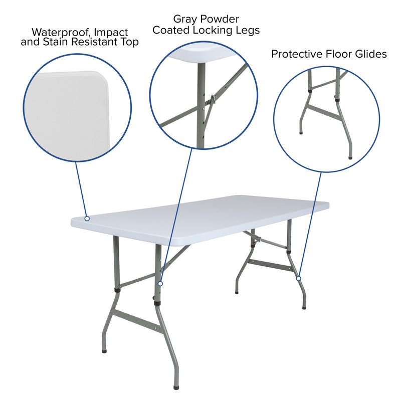 Kathryn 5-Foot Height Adjustable Bi-Fold Granite White Plastic Banquet and Event Folding Table with Carrying Handle