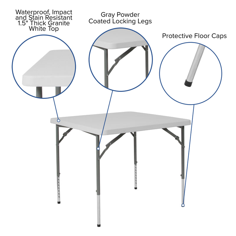 Kathryn 2.79-Foot Square Bi-Fold Granite White Plastic Folding Table with Carrying Handle