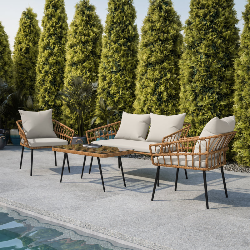 Harris 5 Piece Commercial Indoor/Outdoor Table and Chairs with Black Poly Resin Slatted Backs and Seats