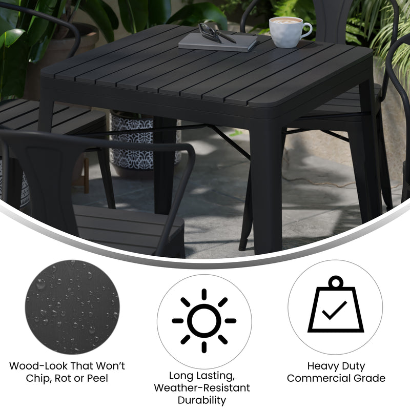 Helvey 31.5" Square Commercial Grade Indoor/Outdoor Black Steel Patio Dining Table for 4 with Black Poly Resin Slatted Top