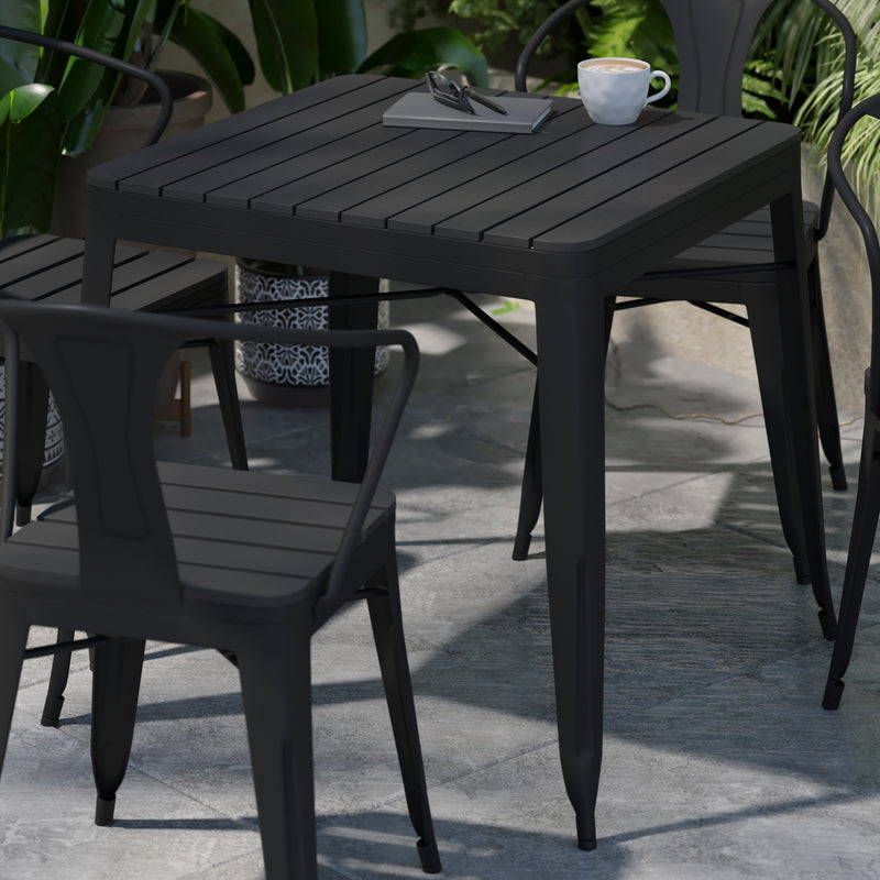 Helvey 31.5" Square Commercial Grade Indoor/Outdoor Black Steel Patio Dining Table for 4 with Black Poly Resin Slatted Top