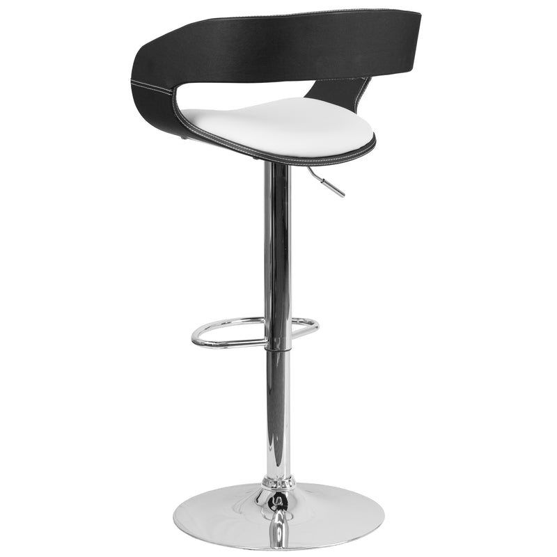 Magnus Walnut Bentwood Adjustable Height Barstool with Button Tufted Black Vinyl Seat