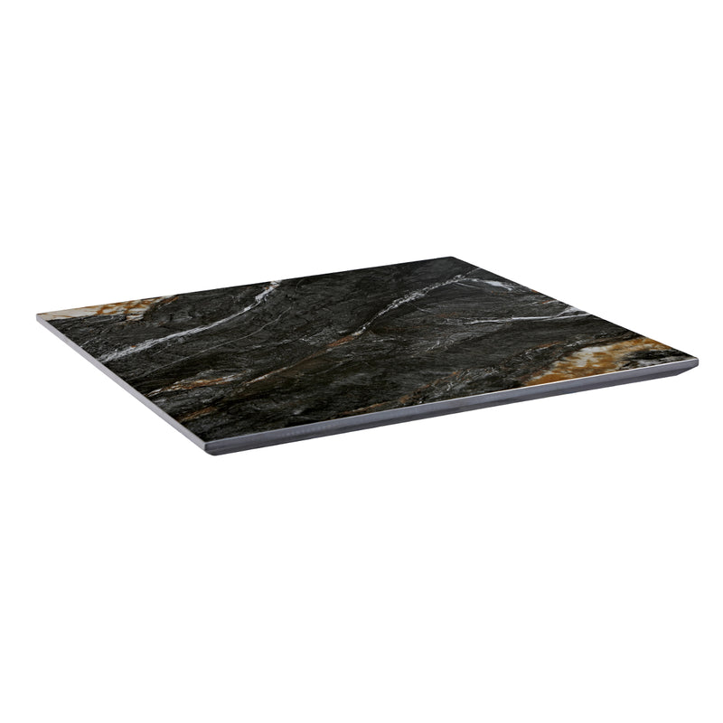 7/8" Black Sintered Stone Table Top with White Veining and Amber Accents, Indoor/Outdoor Use