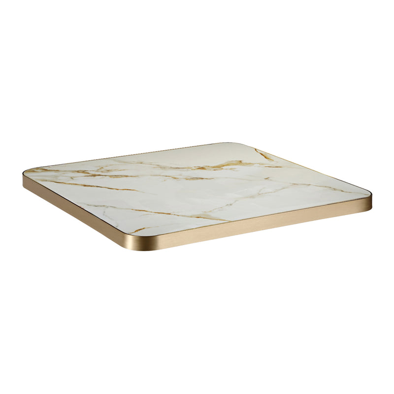 1 1/8" Gold Veining Marble White Sintered Stone Table Top with Gold Aluminum Edge, Indoor/Outdoor Use