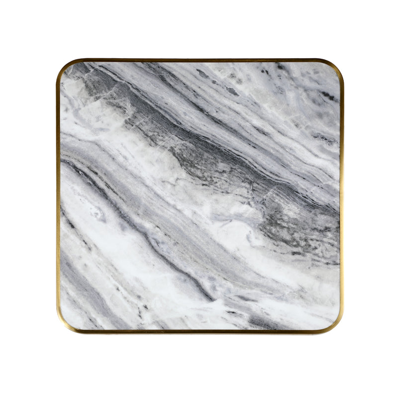 1 1/8" Soft Grey and Charcoal Veining Sintered Stone Table Top with Gold Stainless Steel Edge, Indoor/Outdoor Use