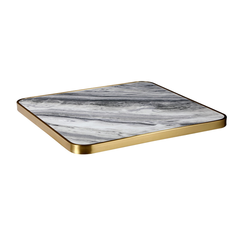 1 1/8" Soft Grey and Charcoal Veining Sintered Stone Table Top with Gold Stainless Steel Edge, Indoor/Outdoor Use