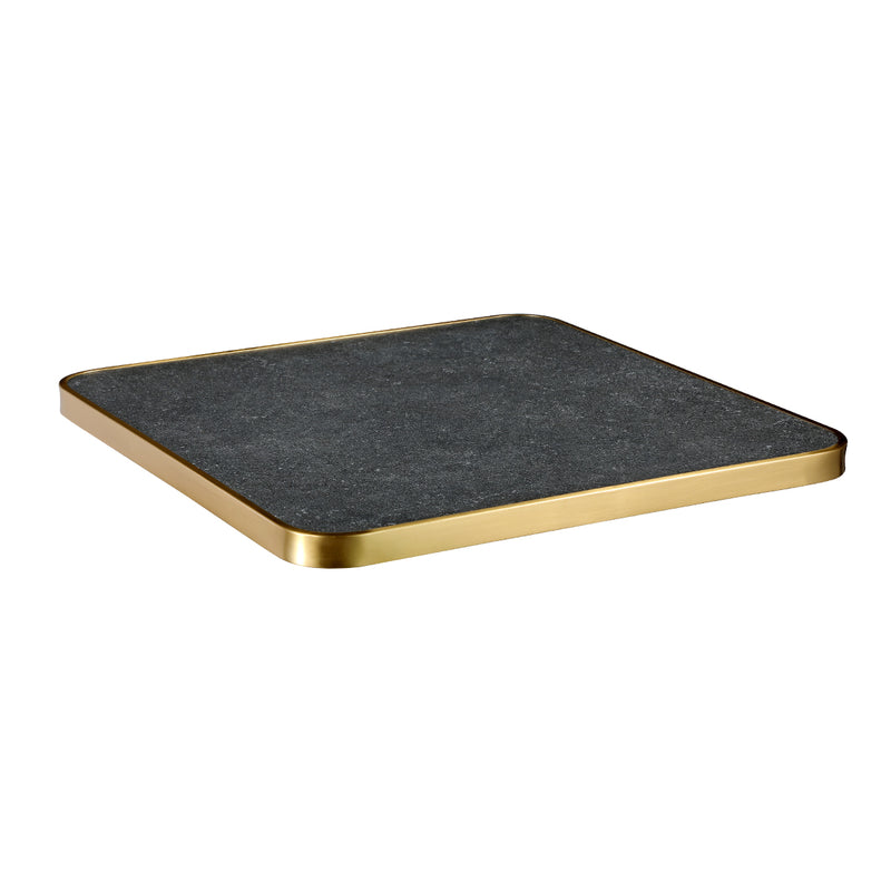 1 1/8" Subtle Speckling, Dark Textured Sintered Stone Table Top with and Gold Stainless Steel Edge, Indoor/Outdoor Use