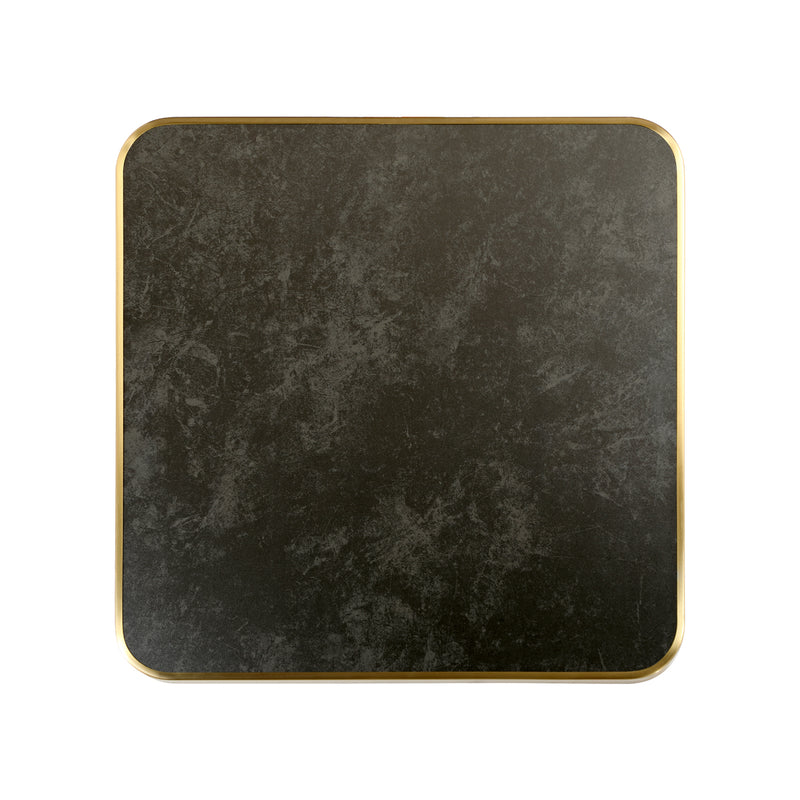1 1/8" Subtle Cloudy Texture Black Sintered Stone Table Top with Gold Stainless Steel Edge, Indoor/Outdoor Use