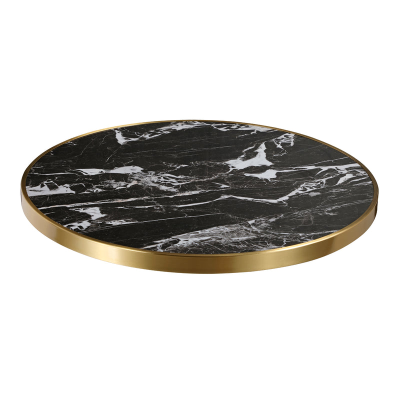1 1/8" Striking White Veining Black Marble Sintered Stone Table Top with Gold Stainless Steel Edge, Indoor/Outdoor Use