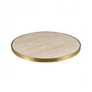 1 1/8" Travertine-Look Beige Sintered Stone Table Top with Gold Stainless Steel Edge, Indoor/Outdoor Use