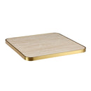 1 1/8" Travertine-Look Beige Sintered Stone Table Top with Gold Stainless Steel Edge, Indoor/Outdoor Use