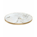 1 1/8" White Sintered Stone Table Top with Grey and Gold Marble Veining and Gold Aluminum Edge for Indoor and Outdoor Use
