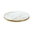 1 1/8" Warm Gold & Gray Veining White Sintered Stone Table Top with Gold Aluminum Edge, Indoor/Outdoor Use