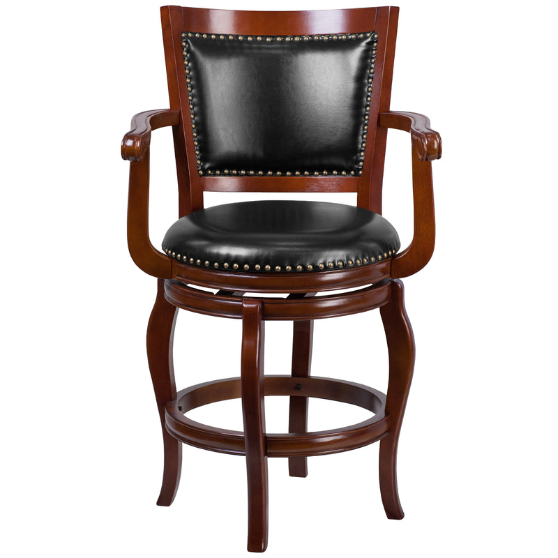 Vestina 26'' High Cherry Wood Counter Height Stool with Arms, Panel Back and Black LeatherSoft Swivel Seat