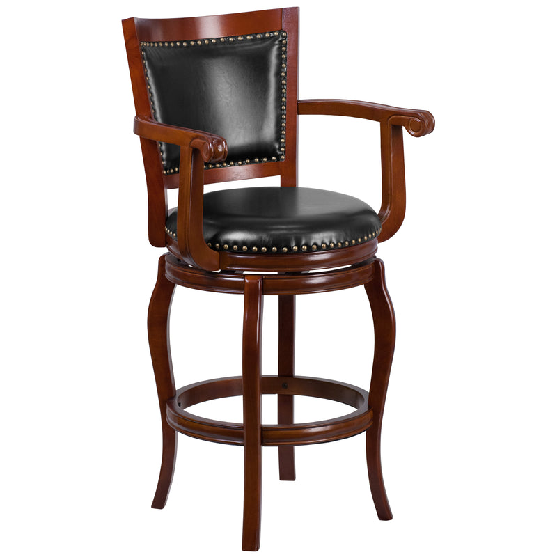 Vestina 30'' High Dark Chestnut Wood Barstool with Panel Back and Black LeatherSoft Swivel Seat