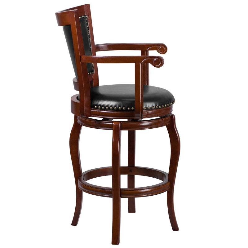 Vestina 30'' High Cherry Wood Barstool with Arms, Panel Back and Black LeatherSoft Swivel Seat
