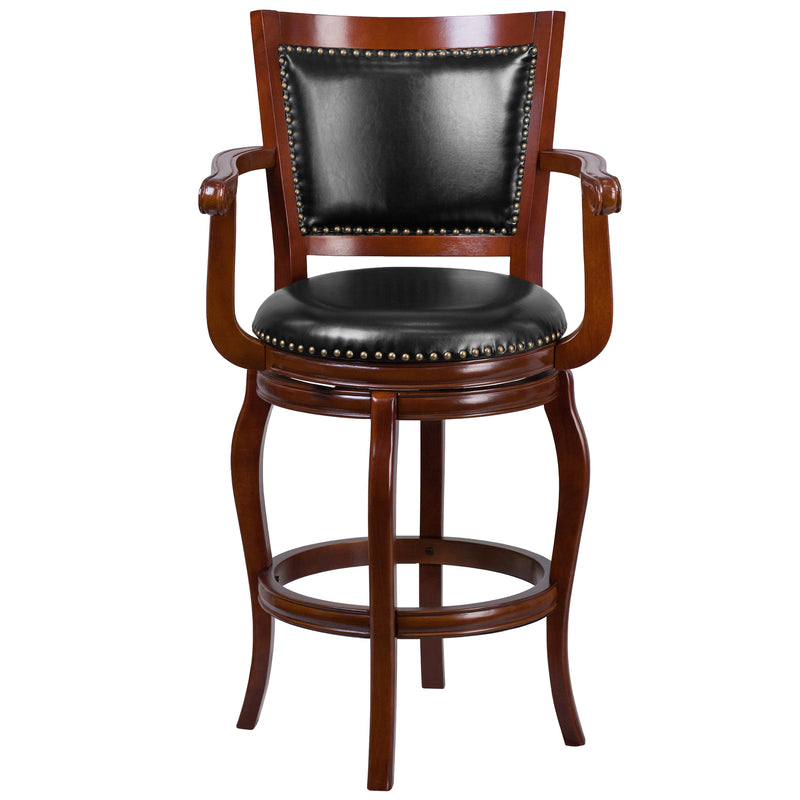 Vestina 30'' High Dark Chestnut Wood Barstool with Panel Back and Black LeatherSoft Swivel Seat