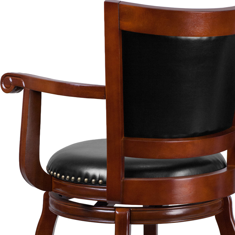 Vestina 30'' High Cherry Wood Barstool with Arms, Panel Back and Black LeatherSoft Swivel Seat