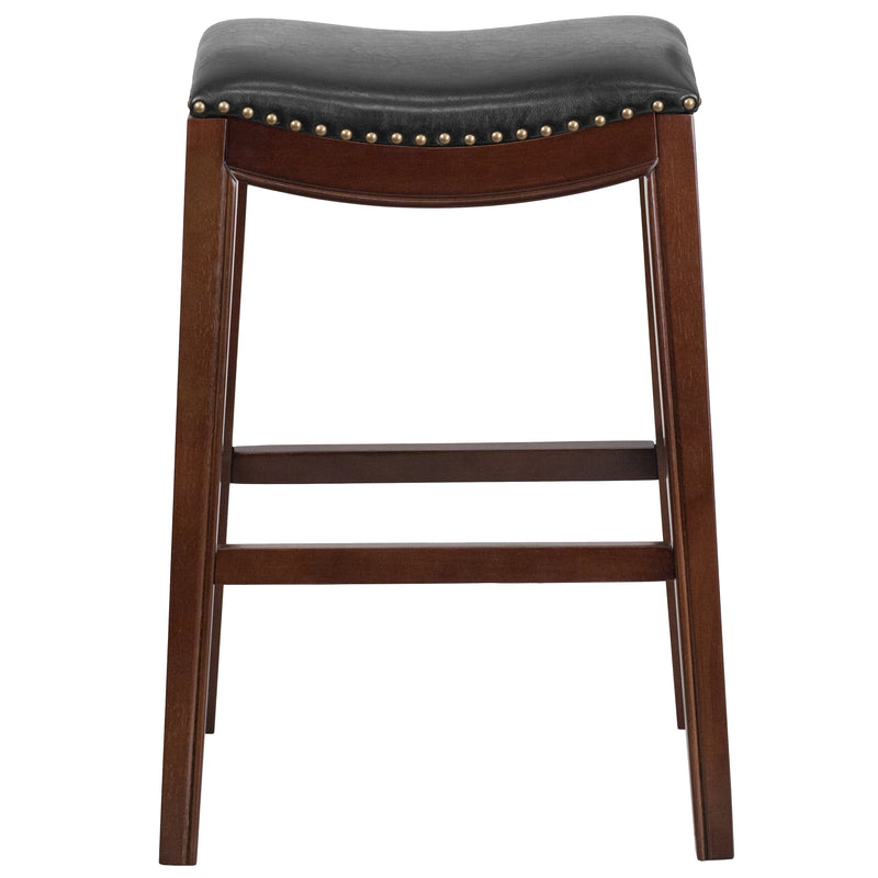 Alphus 30'' High Backless Cappuccino Wood Barstool with Black LeatherSoft Saddle Seat
