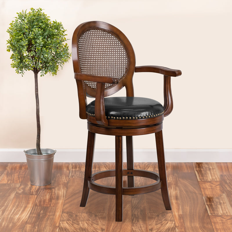 Victor 26'' High Expresso Wood Counter Height Stool with Arms, Woven Rattan Back and Black LeatherSoft Swivel Seat