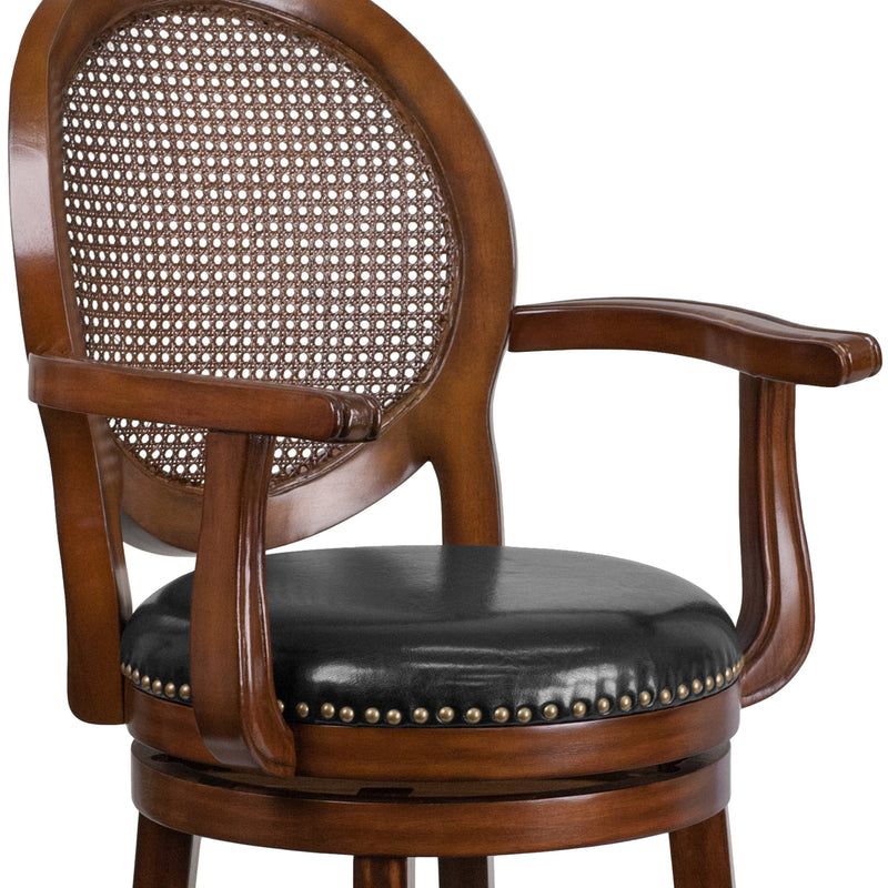 Victor 26'' High Expresso Wood Counter Height Stool with Arms, Woven Rattan Back and Black LeatherSoft Swivel Seat