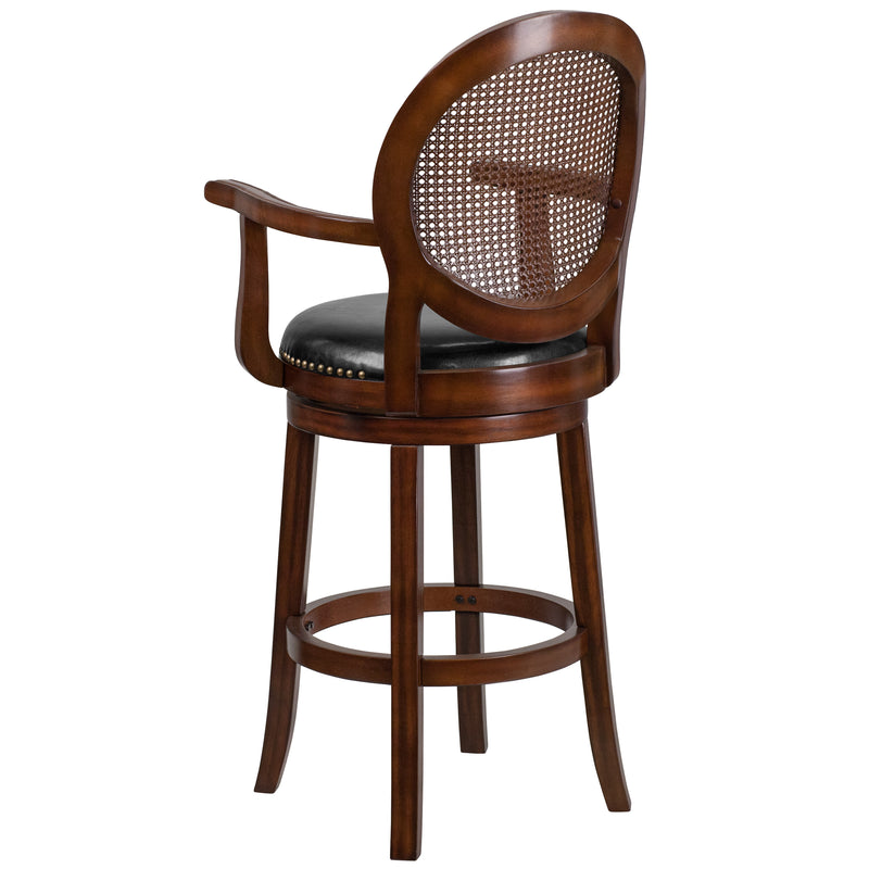 Victor 30'' High Expresso Wood Barstool with Arms, Woven Rattan Back and Black LeatherSoft Swivel Seat
